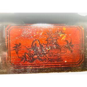 Antique Chinese Carved Red Lacquered Box with Lid & Side Drawer Signed on Bottom